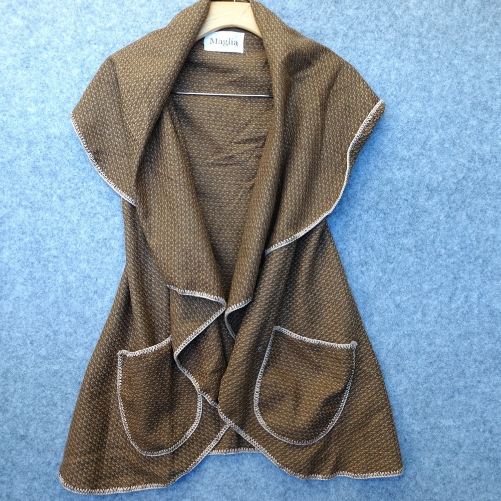 Wool Cardigan Vest Womens S Brown Waterfall Shawl Drape Open Lagenlook MAGLIA NY